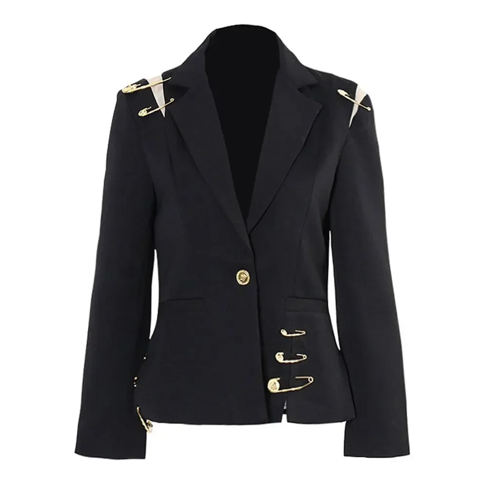 VGH Chic Spliced Metal Pin Slimming Blazer for Women Notched Collar Long Sleeve Patchwork Mesh Hollow Out Fashion Jacket Female