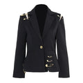 VGH Chic Spliced Metal Pin Slimming Blazer for Women Notched Collar Long Sleeve Patchwork Mesh Hollow Out Fashion Jacket Female