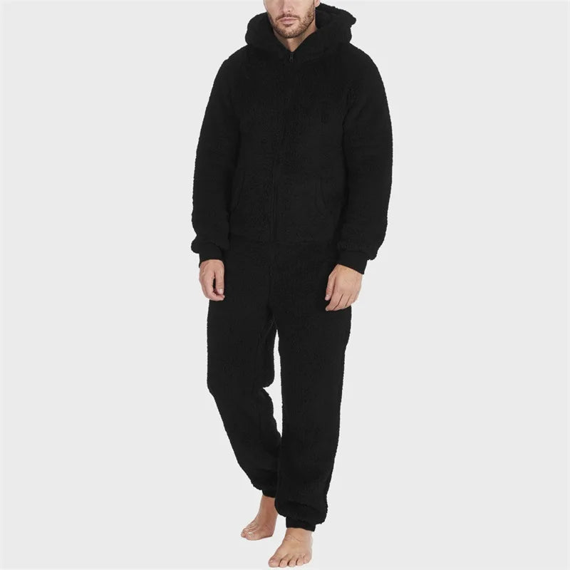Men's Hooded Pajamas Autumn and Winter Thickened Jumpsuit Hooded Clothing Fleece Zipper Front Full Length Jumpsuit Sleepwear