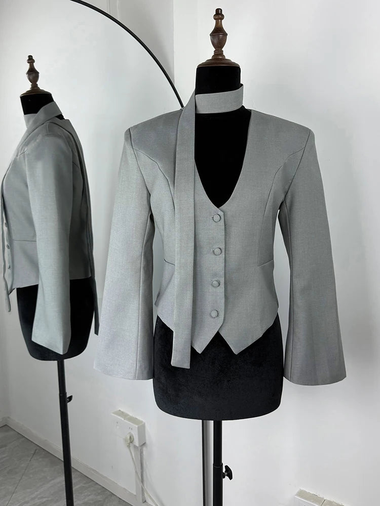 Tuularose Single Breasted Coat Women's V Neck Scarf With Long Sleeve Waist-Cinching Blazer Jacket Lady Casual Slim Commute Coat