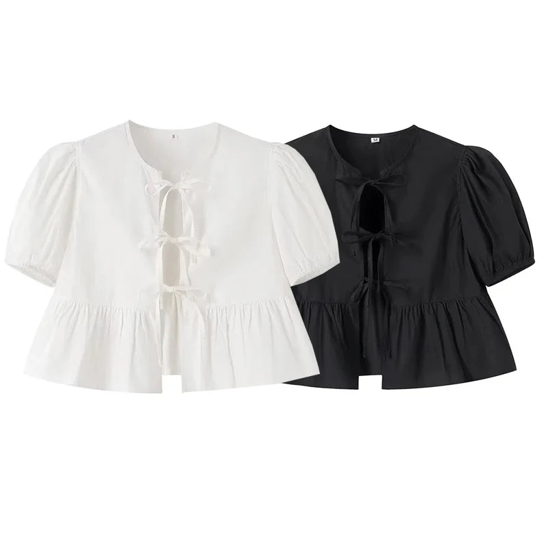 MUJER White Ruffle Crop Top Women Black Short Puff Sleeve Blouse Female Bow Tied Summer Blouses Woman 2025 Ruched Cute Tops