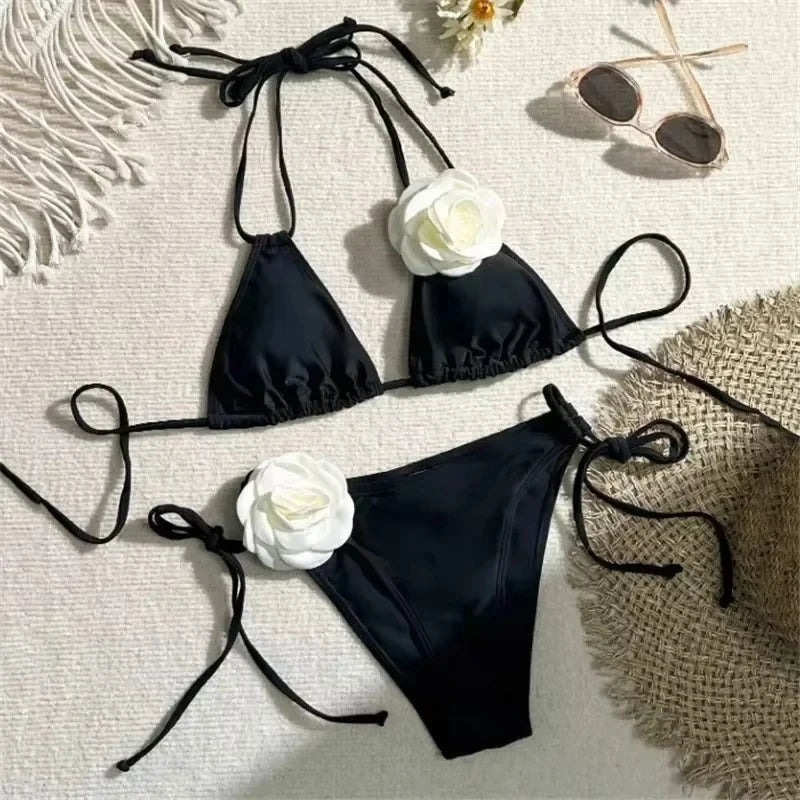 Sexy Flower Bandeau Swimwear Thong Bikini Women Lace-up Swimsuits Swimming Bathing Suit Brazilian Bikinis Set Mujer Biquini