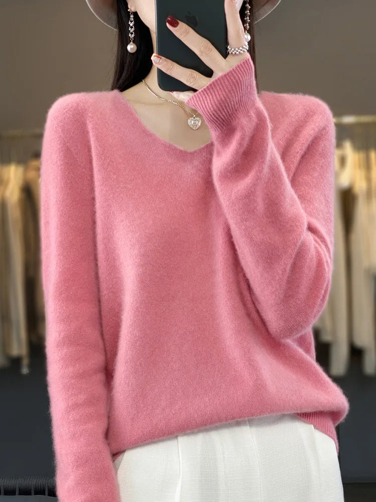 New Autumn And Winter Fashion First-Line Sweater 100% Pure Wool Women's V-Neck Pullover Knitted Base DMR201