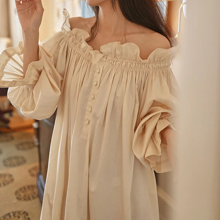 French fairy retro long nightgown 100% cotton court style temperament loose sleepwear evening gown women's long skirt