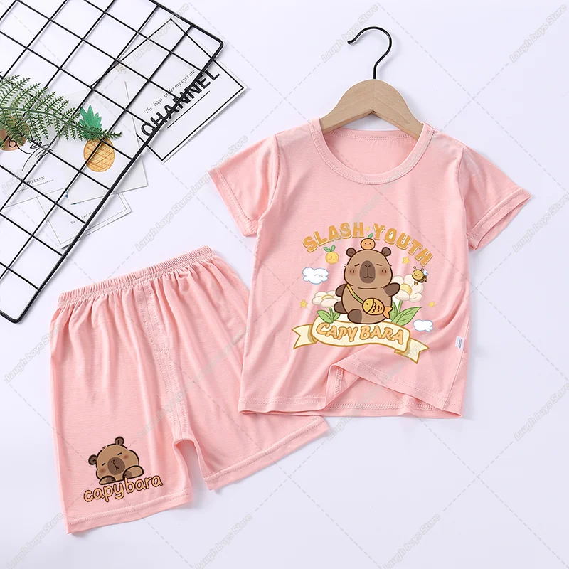 Capybara Cute Pajamas Suit Short Sleeve Sleepwear Cartoon Animal Print Soft Homewear Set Kawaii Silky Home Nightgown Summer Gift