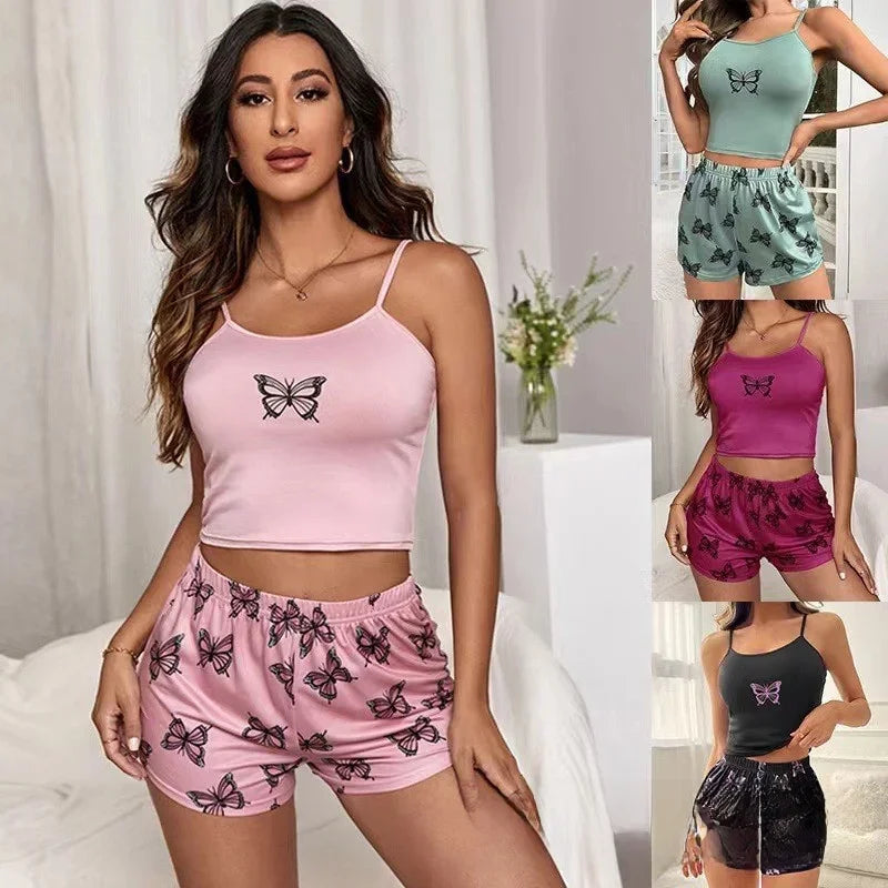 Summer Butterfly Print Milk Silk Chemise Short Set Casual Comfortable Home Wear Breathable Moisture Wicking Sleepwear