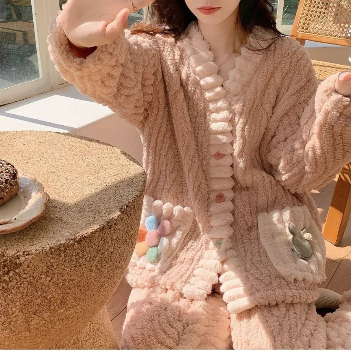 Épaissi chaud flanelle femmes vêtements de nuit vêtements de détente Cardigan costume hiver doux Kawaii doux  dames pyjamas Home