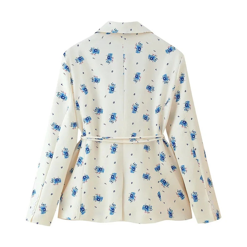 2025 summer European and American fashion print loose suit collar tie waist suit jacket two-color