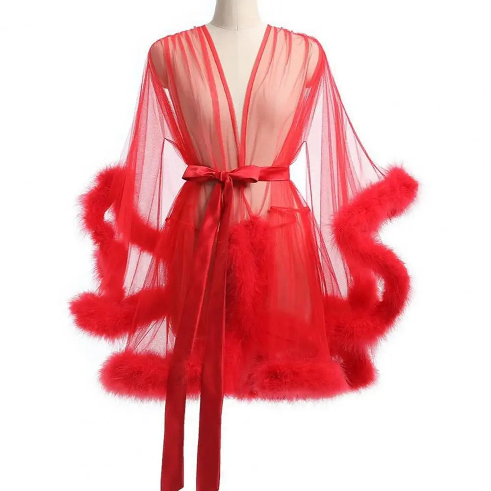 Women Solid Color Nightgown Mesh Ruffle Nightgown with Adjustable Waist Tie Sexy Plush Trim Sleepwear for Women Elegant Solid