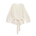 Spring Women Shoulder Pad Belt Knit Blazer Women Retro V-neck Long Sleeve Versatile Female Coat Women Clothes 9598/128