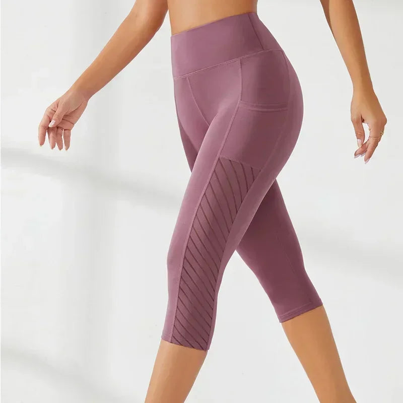 Sport Yoga Shorts Cropped Pants Women Fitness High Waist Hip Lift Running Yoga Side Pockets Tights Quick Dry Gym Sportswear