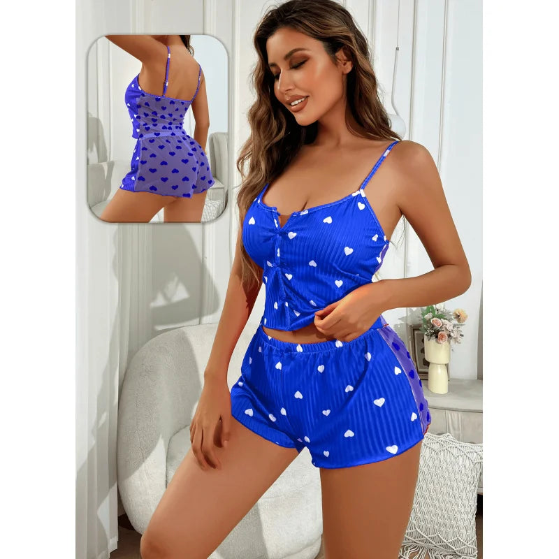 Women's 2-Piece Pajamas Set Sheer Mesh Loungewear Heart Print Cami Top shorts Sleepwear White Ventilate comfortable homewear