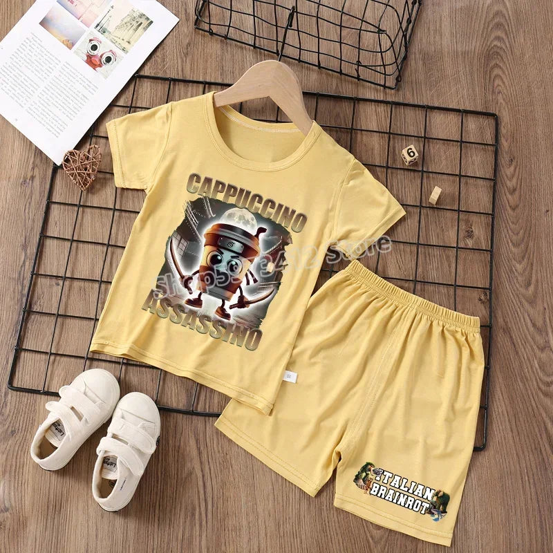 Italian Brainrot Pajama Sleepwear Child Funny Shark Tung Sahur Meme Cartoon Soft Pyjamas Set Nightgown Girl Boy Home Loungewear