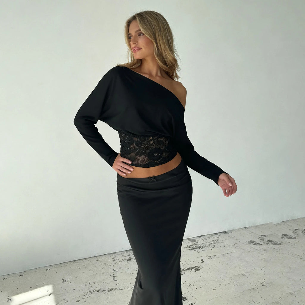 Elegant Patchwork Lace T-Shirt See Through Slim-Fitting Crew Neck Off-Shoulder Tees Women 2026 Fashion New （Two Design Styles）