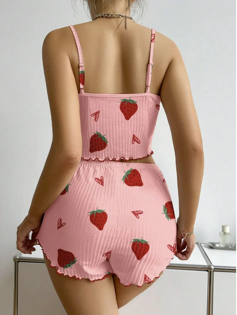 2pcs Women's Pajama Set Sexy Cute Kawaii Pajamas Women suspenders Sun-Tops Loungewear Set Shorts Y2K Lolita Heart Silk Sleepwear