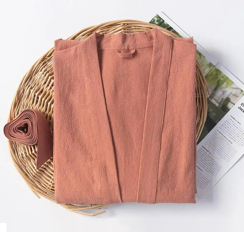 70% Cotton 30% Linen Kimono Bathrobe Nightgown 2025 New Loose Men And Women Dressing Gown Sleepwear Nightwear Solid Hotel Robe