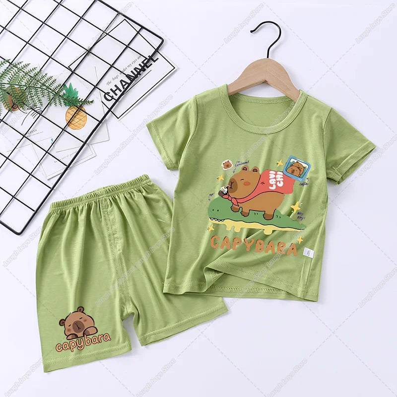 Capybara Cute Pajamas Suit Short Sleeve Sleepwear Cartoon Animal Print Soft Homewear Set Kawaii Silky Home Nightgown Summer Gift