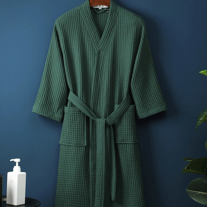 Adult Cotton Waffle Kimono Bathrobe Gown Yukata Couple Robe Negligee with Pocket Loose Casual Home Dress Loungewear Sleepwear