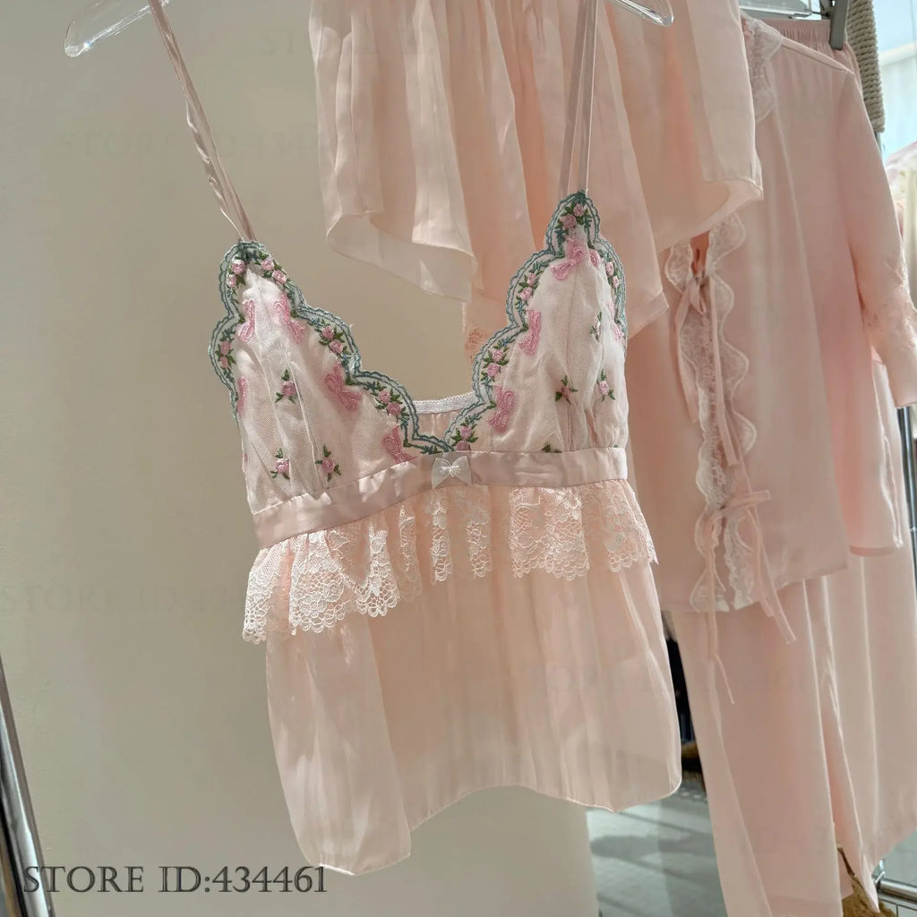 Sweet Pink Chemise Sleepwear Intimate Lingerie Summer Young Girl Homewear Strap Top&shorts Pijamas Suit Sexy Lace Loungewear