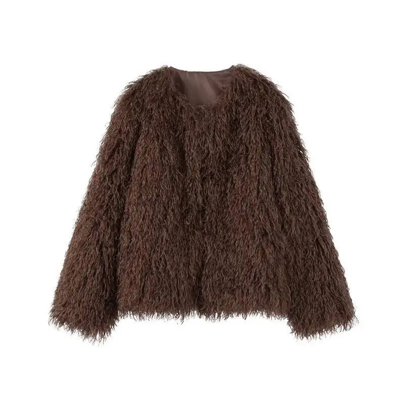 DEAT Fashion Brown Faux Fur Coat Women's Round Neck Loose Long Sleeves Thick Plush Short Jacket Winter New 7A1041