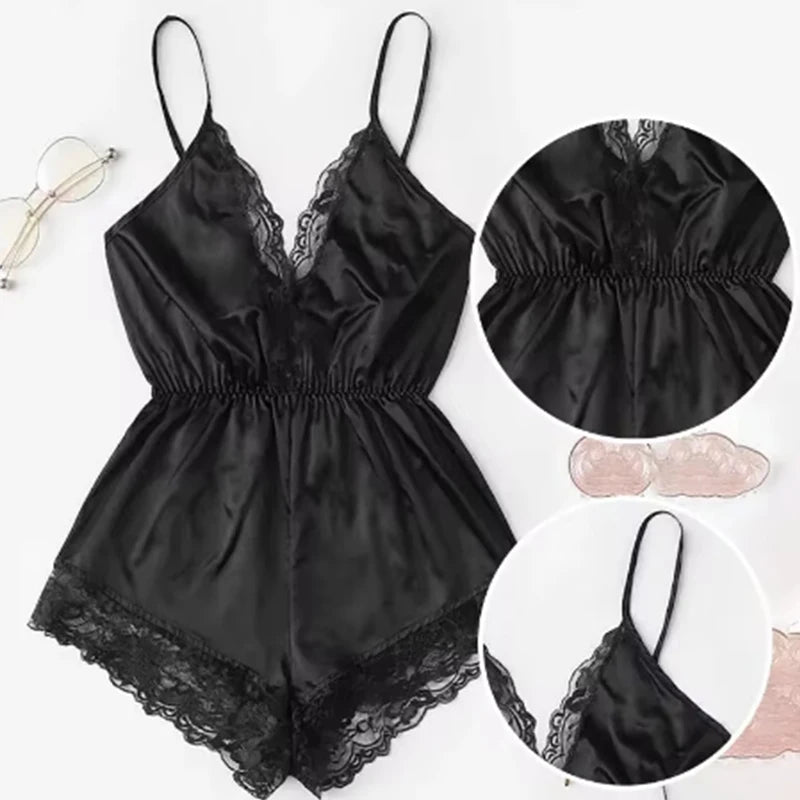 Summer New Sexy Fashion Women Lace Splice Trim Backless Bow Shorts V-Neck Bodysuit Women Sleep Wear Set
