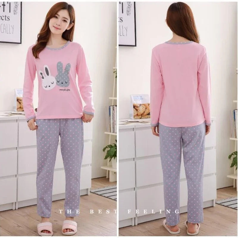 2025 Women Pajamas Set Spring Autumn New Cartoon Printed Long Sleeve Cute Sleepwear Casual Homewear Female Plus Size Pyjamas