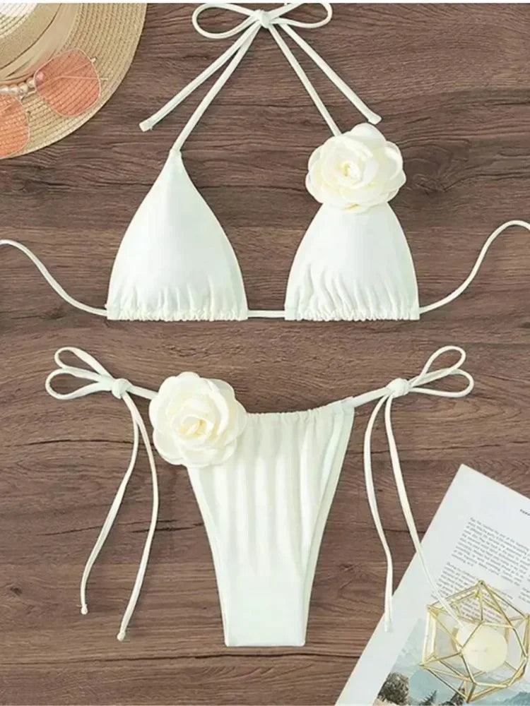 Sexy Flower Bandeau Swimwear Thong Bikini Women Lace-up Swimsuits Swimming Bathing Suit Brazilian Bikinis Set Mujer Biquini