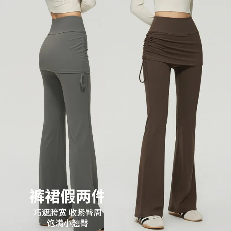 Fake two high waisted slightly flared pants with hip covering skirt for women's running, dance training, Pilates sports pants