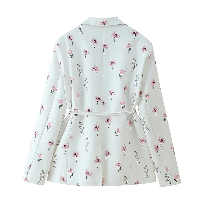 2025 summer European and American fashion print loose suit collar tie waist suit jacket two-color