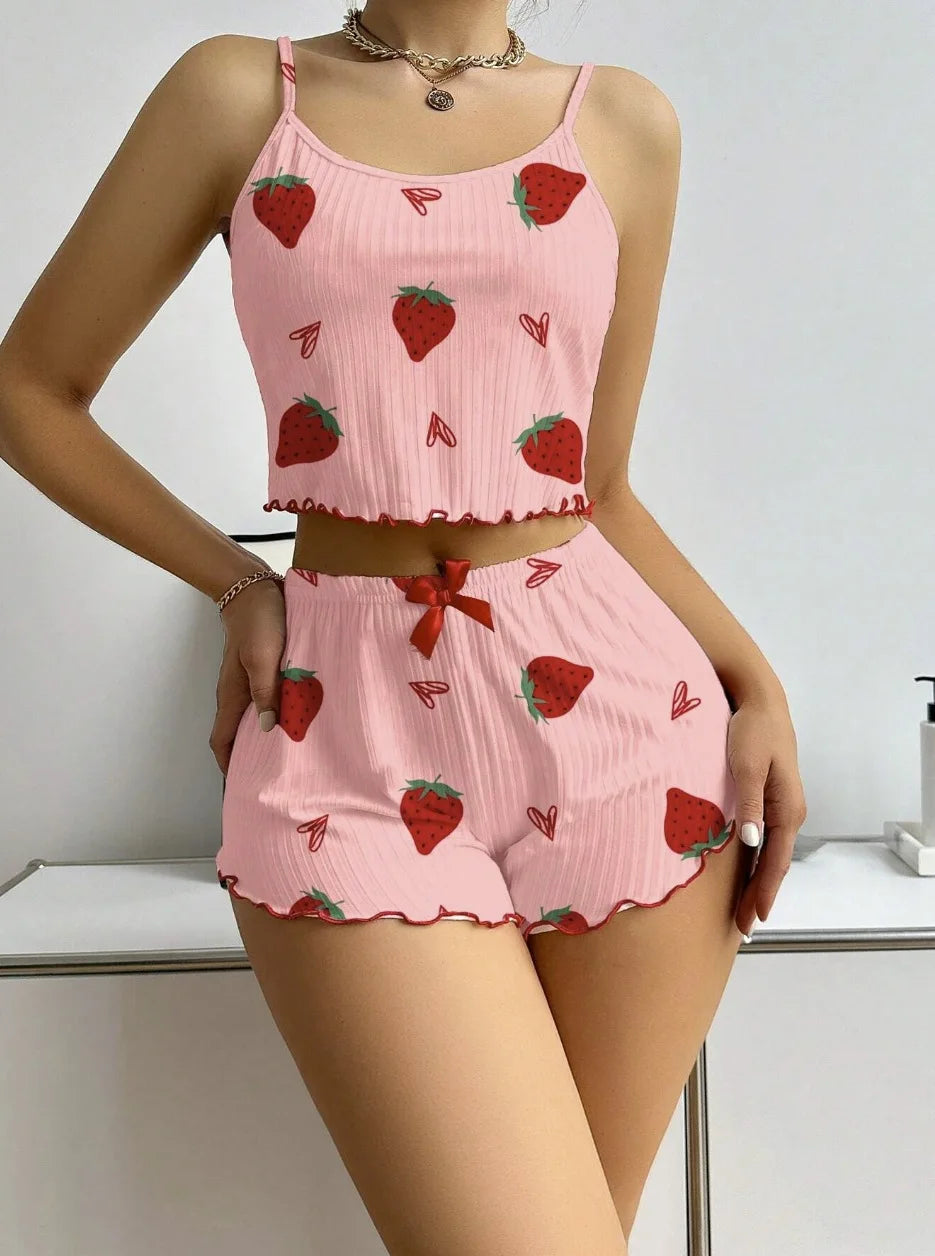 2pcs Women's Pajama Set Sexy Cute Kawaii Pajamas Women suspenders Sun-Tops Loungewear Set Shorts Y2K Lolita Heart Silk Sleepwear