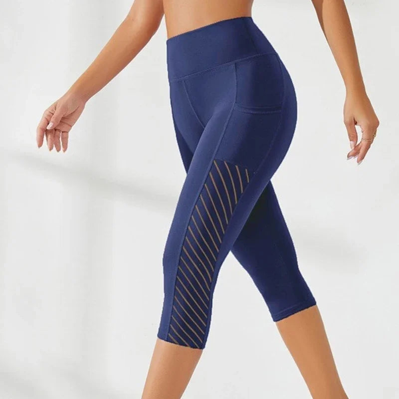Sport Yoga Shorts Cropped Pants Women Fitness High Waist Hip Lift Running Yoga Side Pockets Tights Quick Dry Gym Sportswear