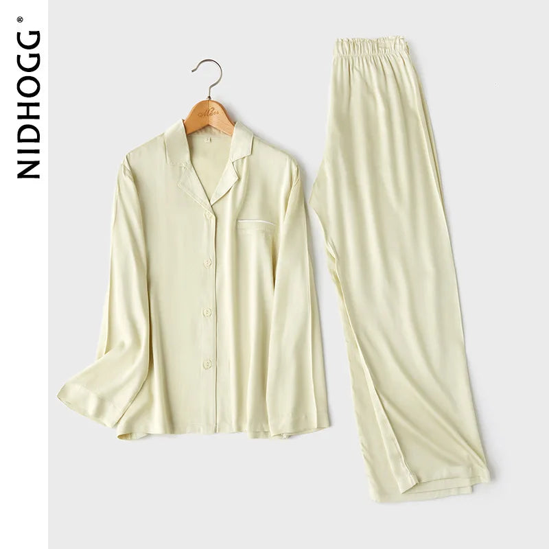 Couple's Satin Solid Color Pajamas Turn-down Collar Long-Sleeved Pajama Set Autumn Pocket 2 Piece Sleepwear Home Pijama Mujer