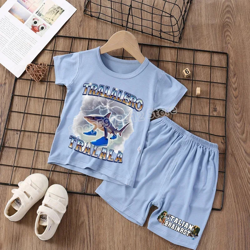 Italian Brainrot Pajama Sleepwear Child Funny Shark Tung Sahur Meme Cartoon Soft Pyjamas Set Nightgown Girl Boy Home Loungewear