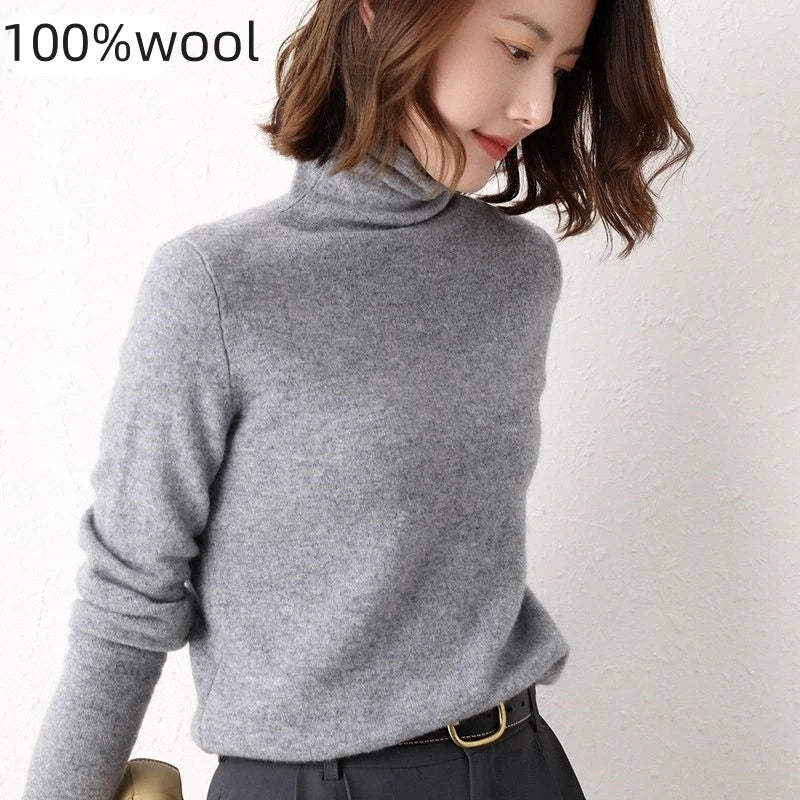 100% Wool Fold Neck Sweater Women's AutumnWinter High Neck Long Sleeved Solid Color Warm Pullover Sweater Knitted Jumper Top