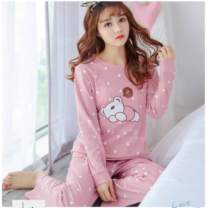 2025 Women Pajamas Set Spring Autumn New Cartoon Printed Long Sleeve Cute Sleepwear Casual Homewear Female Plus Size Pyjamas