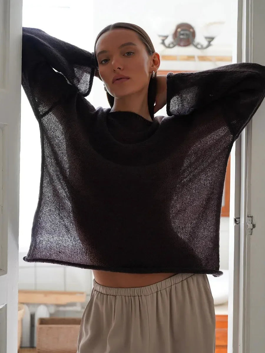 TARUXY Hollow Knitted Sweater Pullover 2024 Autumn New Women's See Through Thin Large Round Neck Bell Long Sleeve Knit T-Shirt