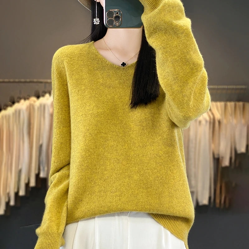 New Women's V-neck First-line Ready-To-Wear Sweater Long Sleeve Jumper Loose Fashion Comfortable Solid Color SweaterZD