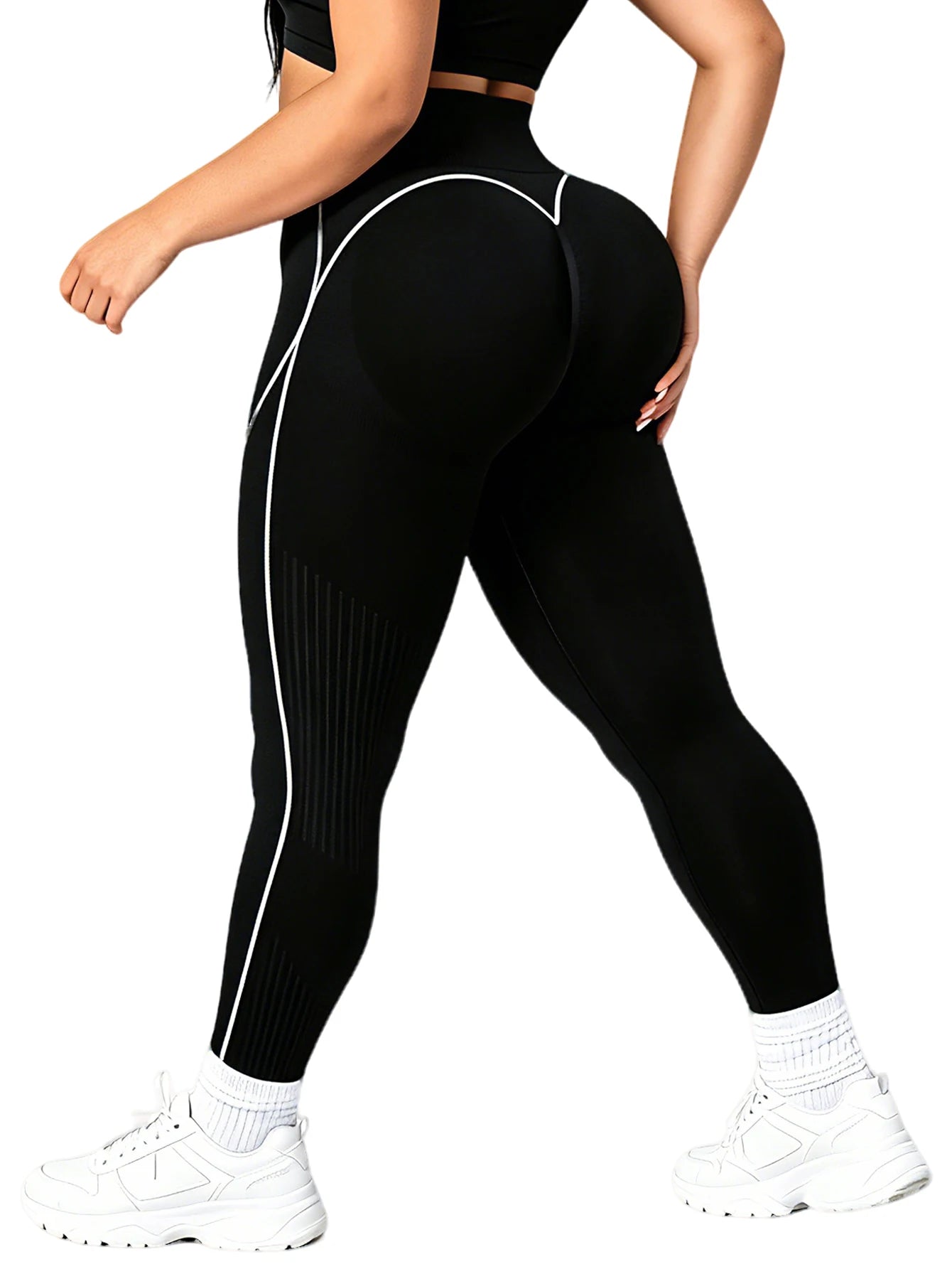 Plus Size Women's Sports Leggings, Seamless, High Waist, Contrast Piping, Butt Lifting, 4-Way Stretch, Gym Casual