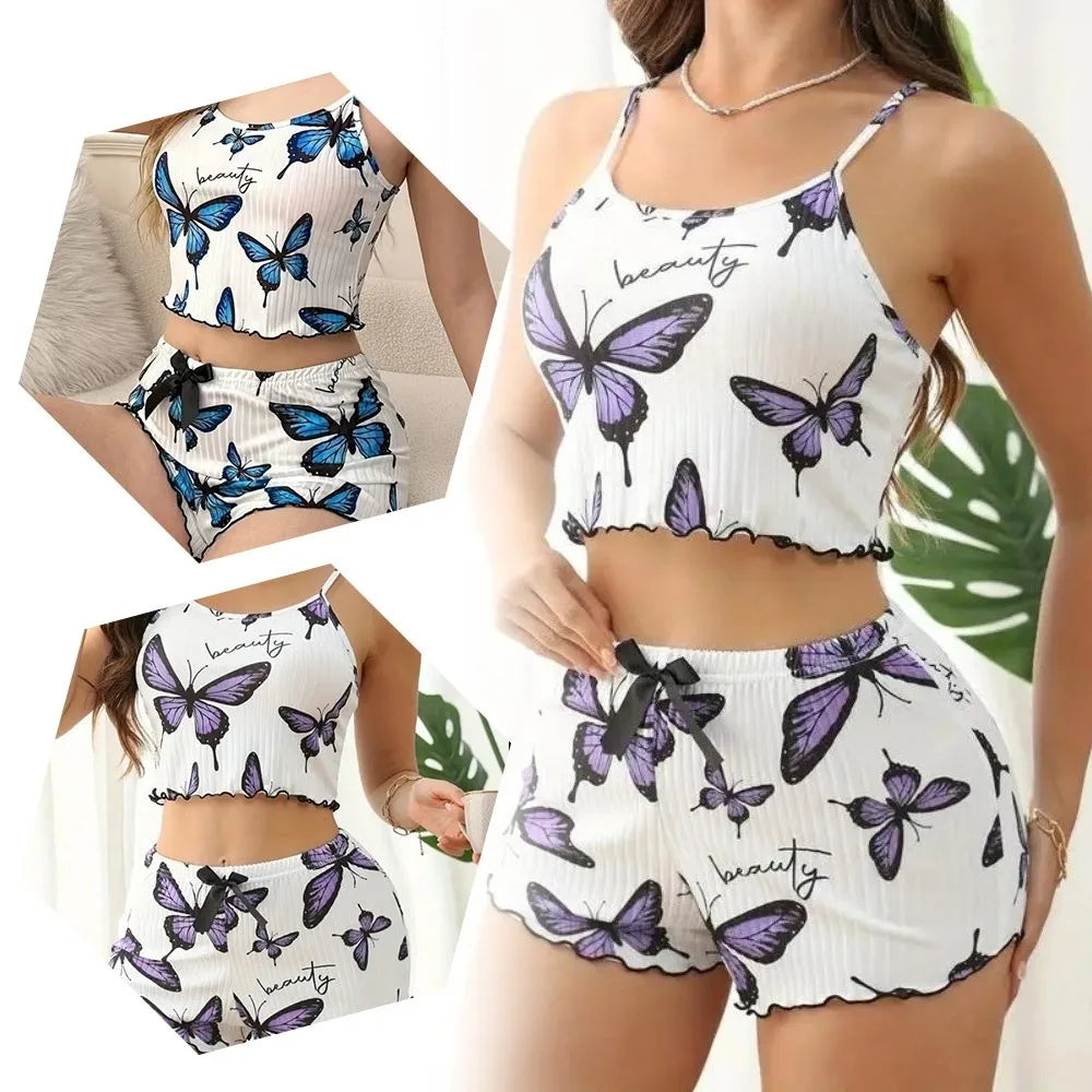 New Butterfly Print Women's Pajama Set Sexy Breathable Sling Pajamas Polyester Two-Piece Set Home Clothes Relaxation Wear