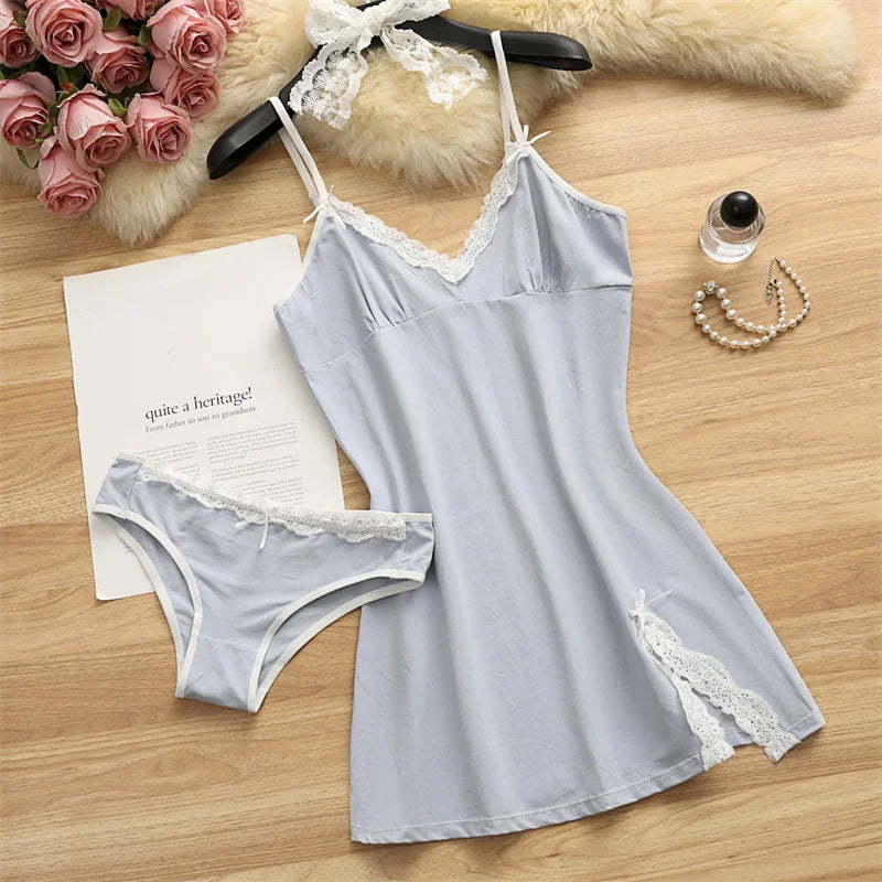 Women Pajama Cotton Suspender Nightdress 2 Pieces Pajama Set Cute Lace Nightgowns Bow Summer Sleepwear V-neck Slit Pajamas Dress