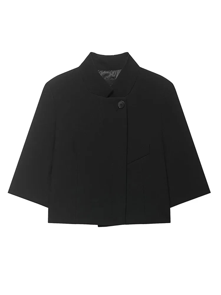 Elegant Women's Cropped Suit Jackets Asymmetric Stand Collar One Button Short Sleeve Blazer 2026 Spring Summer Lady Outwear