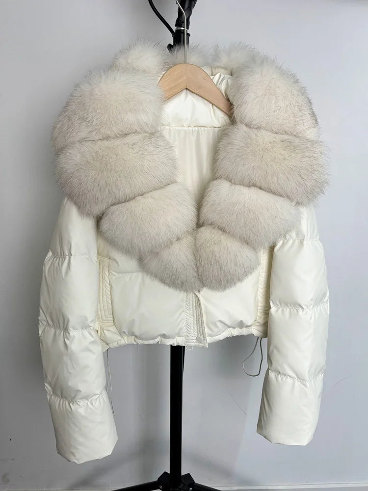 Janveny Large Natural Fox Fur Collar 90% White Duck Down Jacket Women Winter Short Waterproof PU Puffer Coat Female Thick Parkas