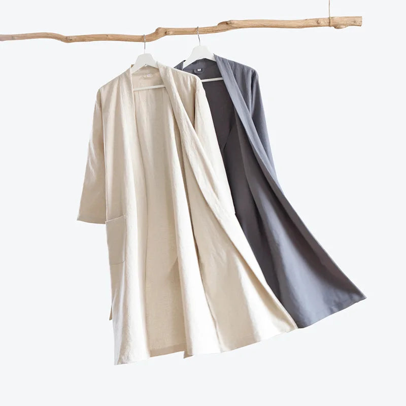 70% Cotton 30% Linen Kimono Bathrobe Nightgown 2025 New Loose Men And Women Dressing Gown Sleepwear Nightwear Solid Hotel Robe