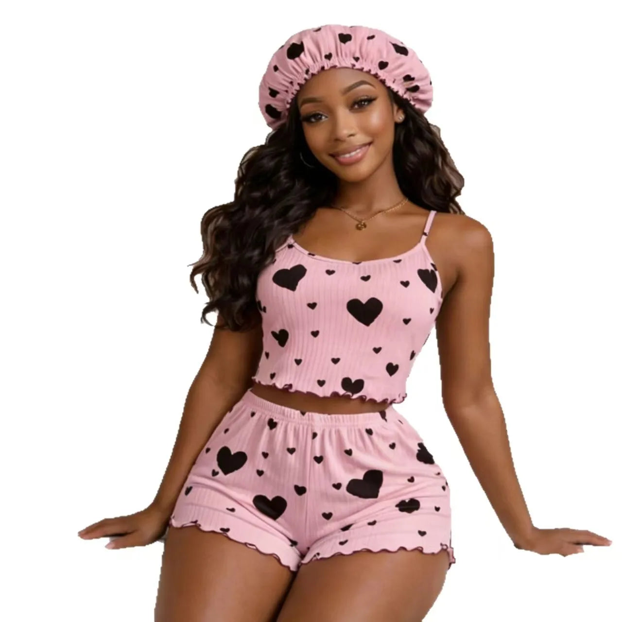 3PCS  Nightdress Women's Summer Sweet  2026 New Pajamas Loose Summer Women's Cute Mid-length Skirt Pajama Skirt and hat