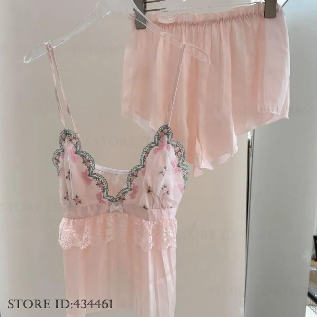 Sweet Pink Chemise Sleepwear Intimate Lingerie Summer Young Girl Homewear Strap Top&shorts Pijamas Suit Sexy Lace Loungewear