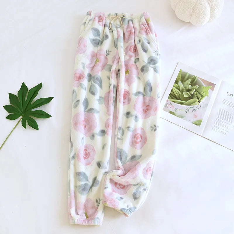 Winter Pajamas Home Pants For Women Elastic Trousers Loose Warm Thicken Fannel Pijamas Pants Sleepwear Printed Autumn Nightwear