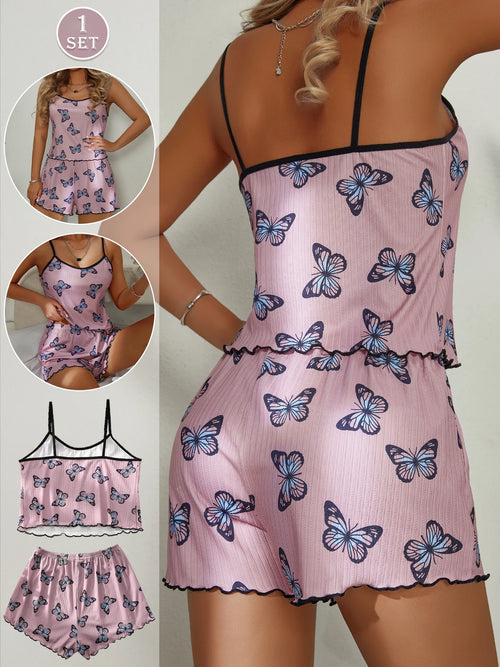 1 Set Women Home Wear Print Cami Top And Shorts Pajama Set