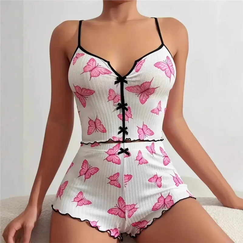 New Hot Sale Of The Season Heart Print Color Block Sleepwear Set with Front Slit Strap Design Comfortable Spandex Nightgown Wome