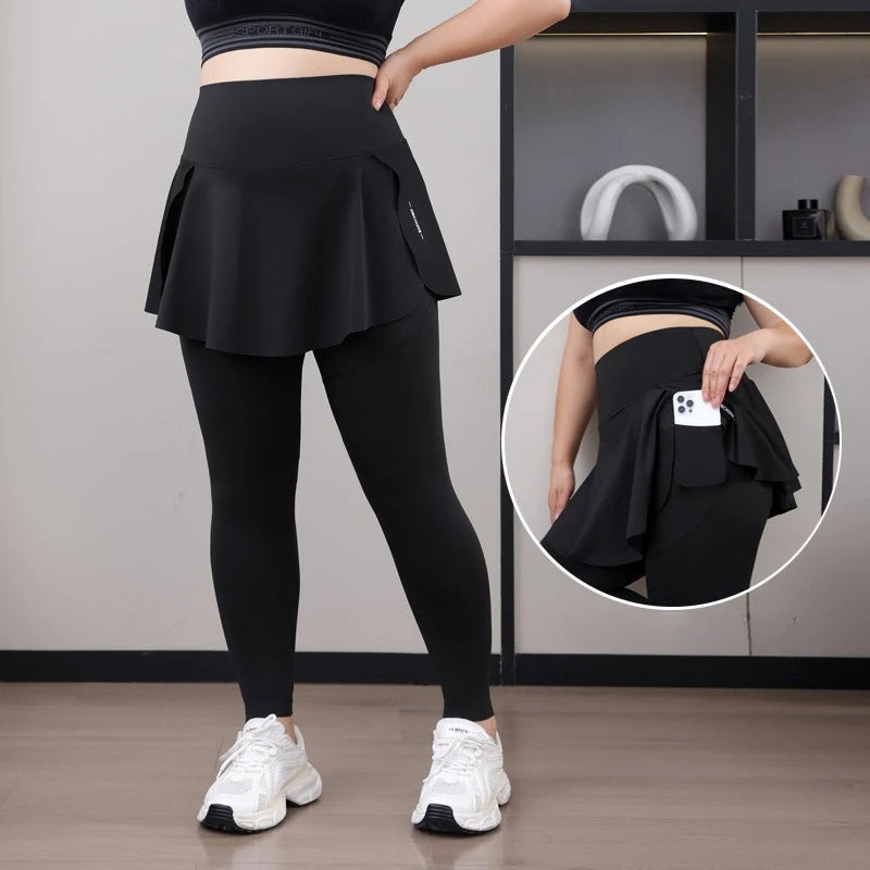 Plus Size Fit 200lbs Yoga Fake Two Items Leggings with Pockets Sharkskin High-Waisted Skirt Pants Gym  Trainning Slim Tights