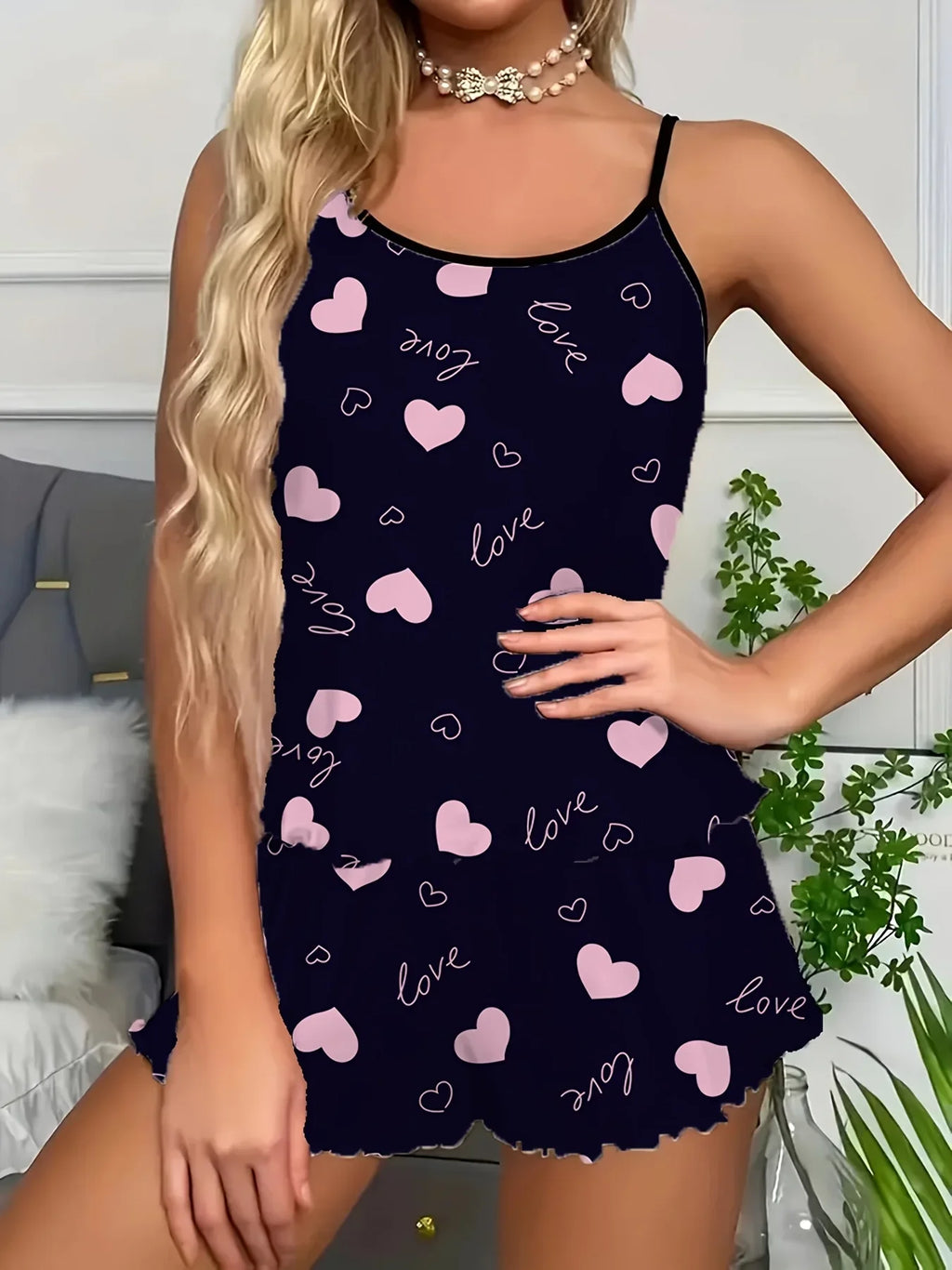 2 Pieces Pajama Set Women Love Heart Print Spaghetti Strap Shorts,Knit Fabric Sleepwear for All Seasons, Adult Lounge Set